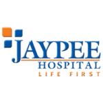 Exterior view of Jaypee Hospital showcasing modern architecture and greenery.